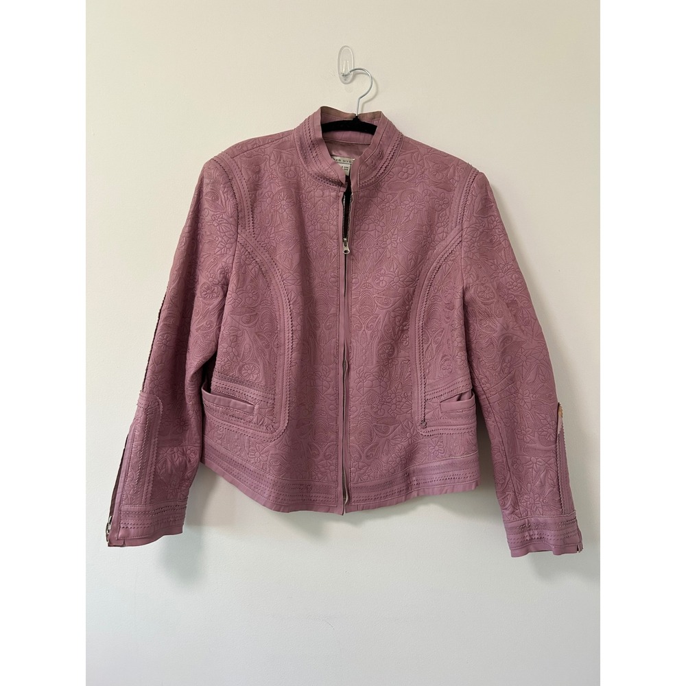 Peter Nygard Womens Purple Embroidered Faux Leather Moto Jacket‎ Floral Size L
